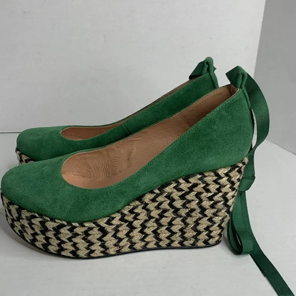 Free People Charade green suede espadrille platform wedge ankle tie pumps NWOB